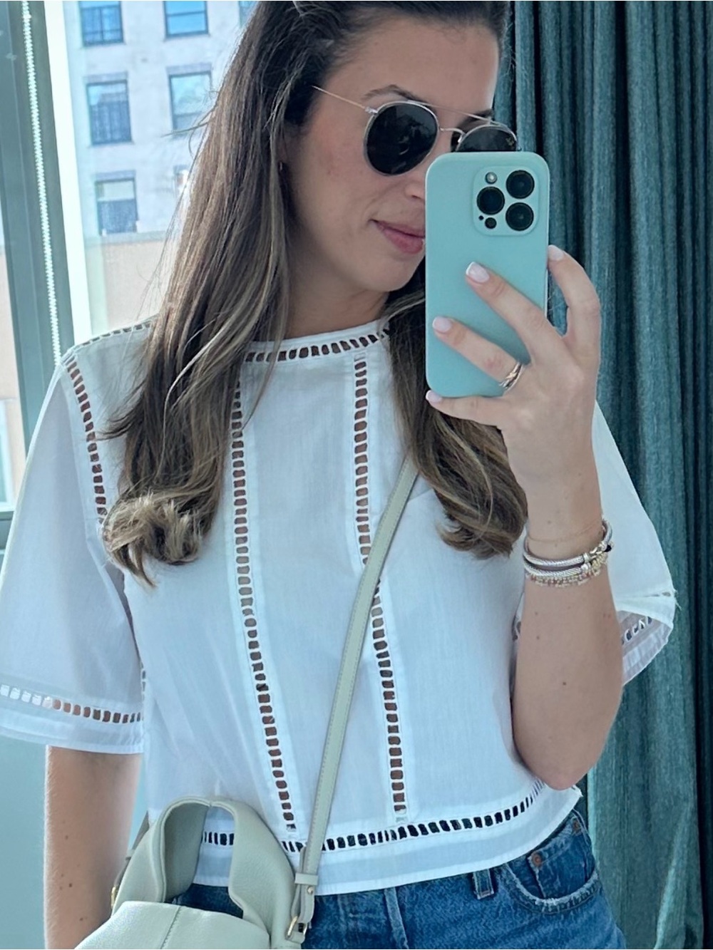 Abercrombie & Fitch White Eyelet-Trim Boxy Short Sleeve Top